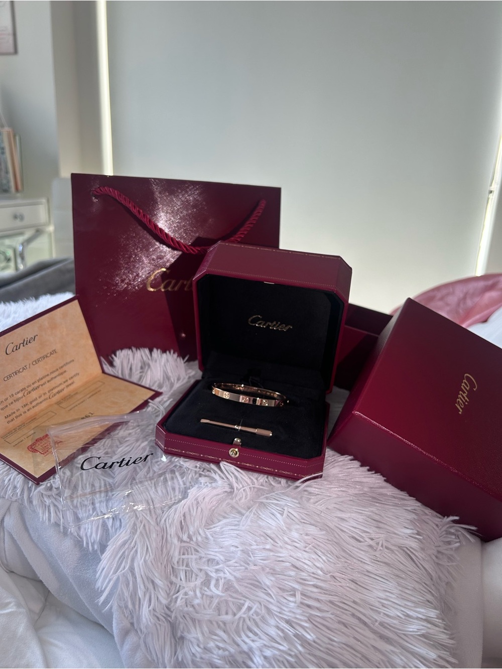Saks Fifth Avenue Rose Gold-Tone Hinged Bracelet with Burgundy Accents